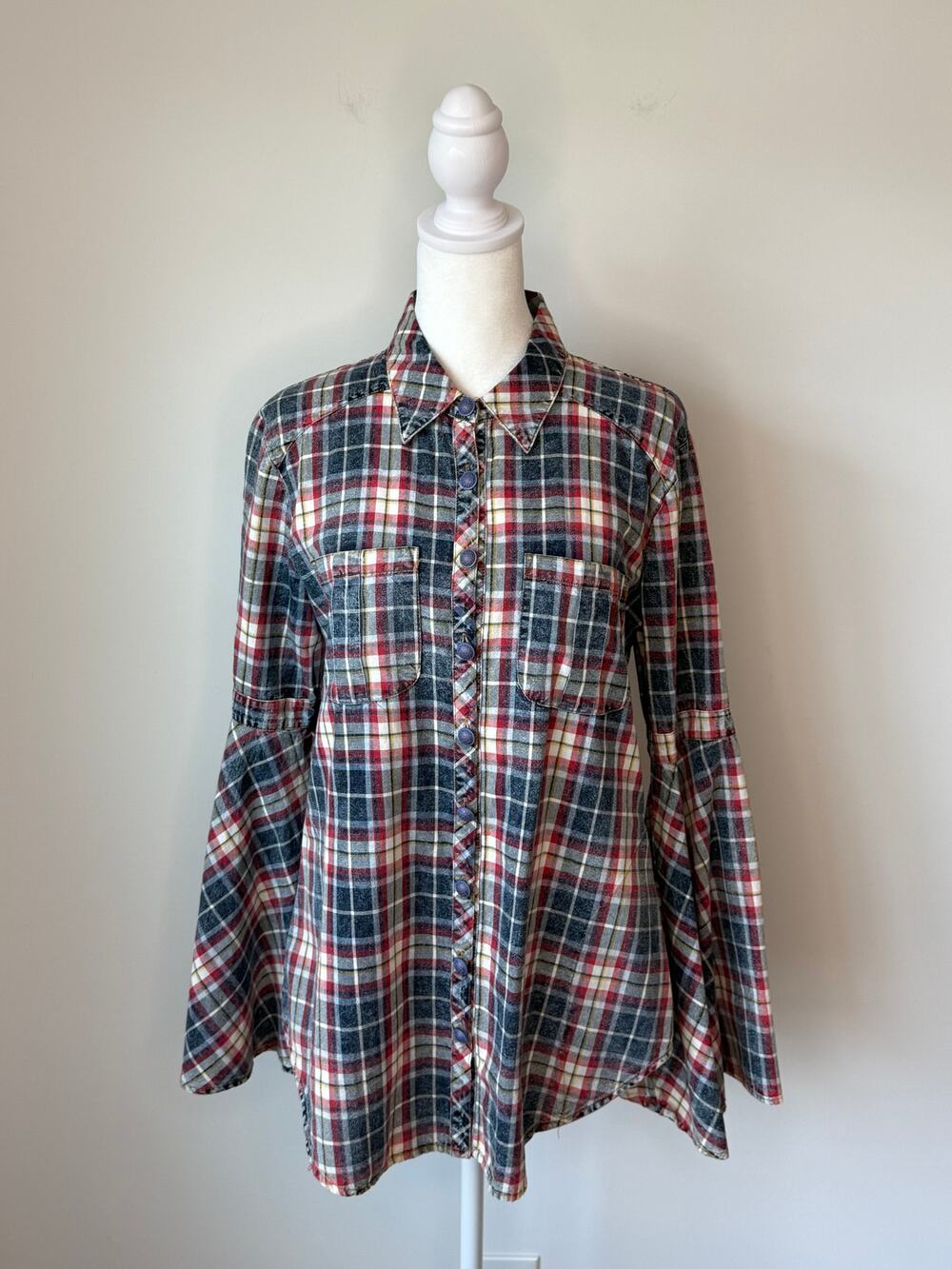 Aratta Silent Journey Plaid Bell Sleeve Button Down Shirt Tunic Top